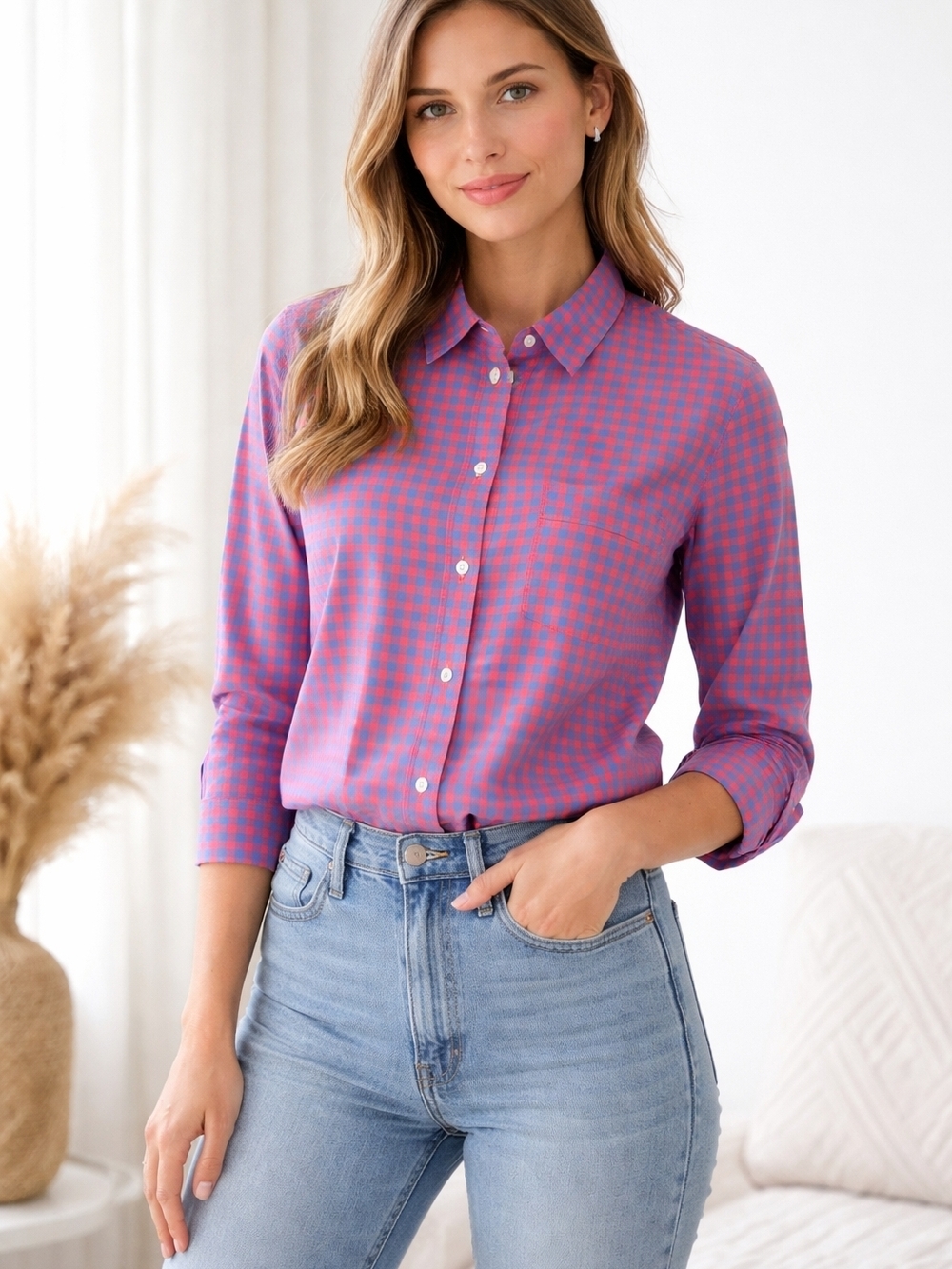 J. Crew Pink and Purple Gingham Button Up Shirt Women's Size L Pocket Plaid Chec